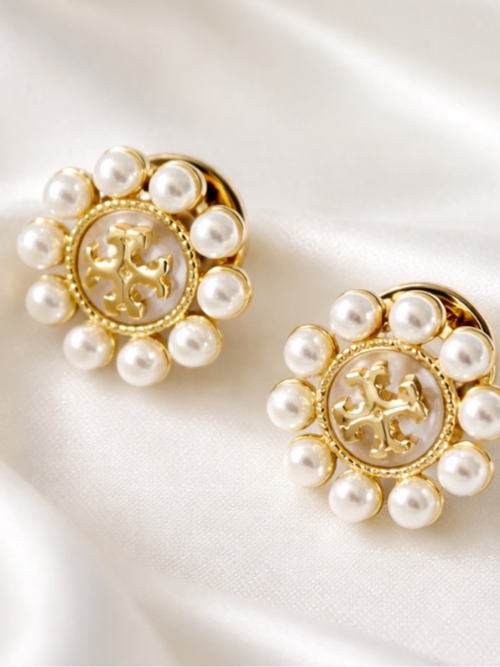 Tory Burch Gold Logo Pearl Cluster Stud Earrings